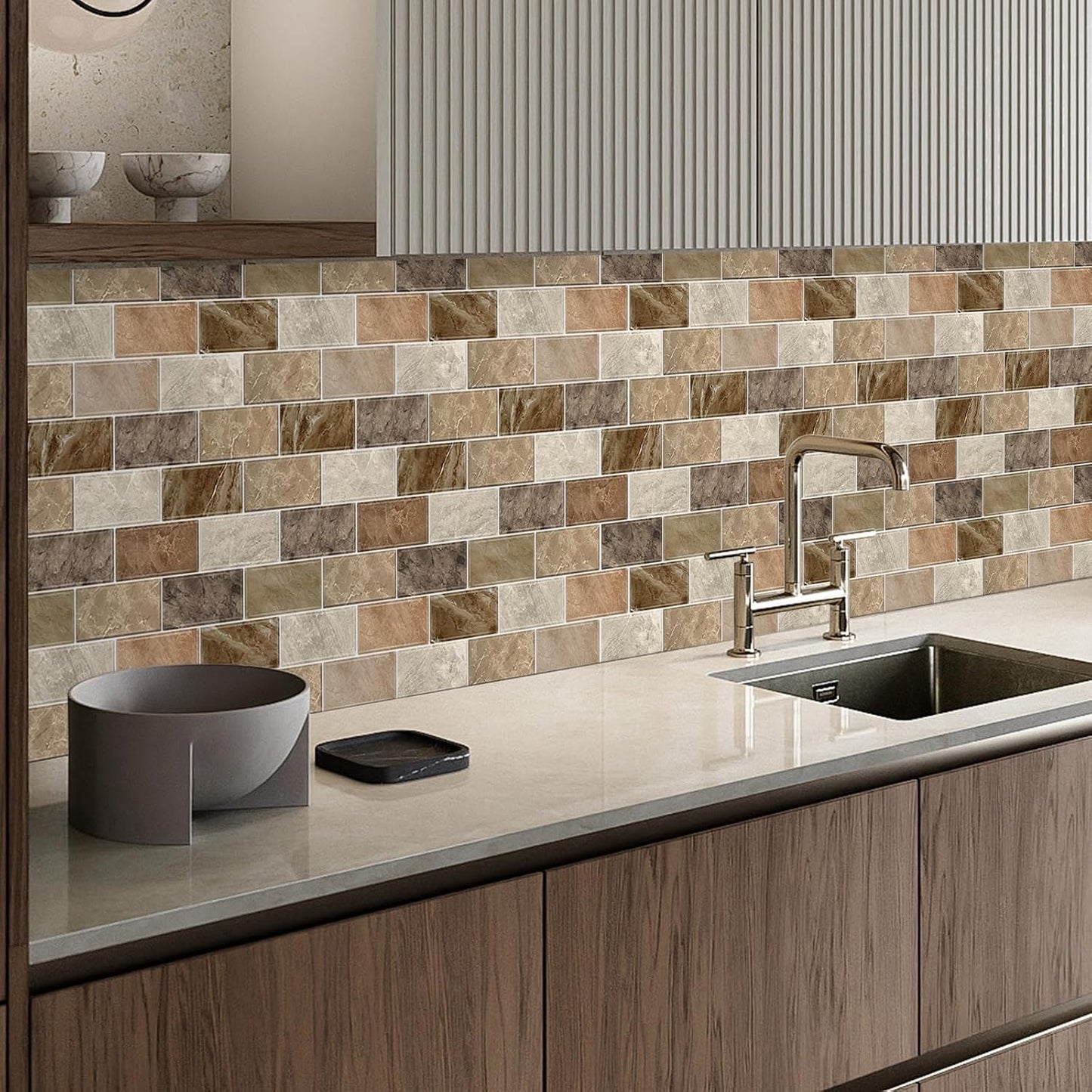10 Sheets Peel and Stick Backsplash for Kitchen 12"X12" Renter Friendly Backsplash Back Splash Adhesive Subway Wall Tile Flat Vinyl Sticker for Bathroom Brown Marble (Not 3D Tile)