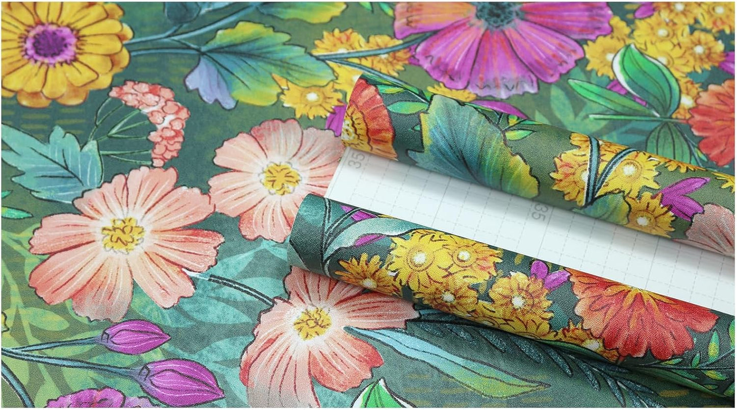 HAOKHOME Peel and Stick Wallpaper Floral Renter Friendly Wall Paper Green/Purple/Pink for Bathroom Kitchen Contact Paper 17.3in x 9.8ft