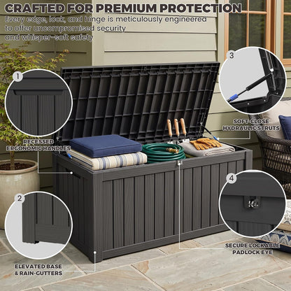 Outdoor Storage Box, 320 Gallon Waterproof Deck Box [Upgraded 3.0], Dual Gas-Spring Ultimate Resin Organizer for King Cushions, Heavy-Duty Lockable Estate Storage Bench, Backyard BBQ, Black