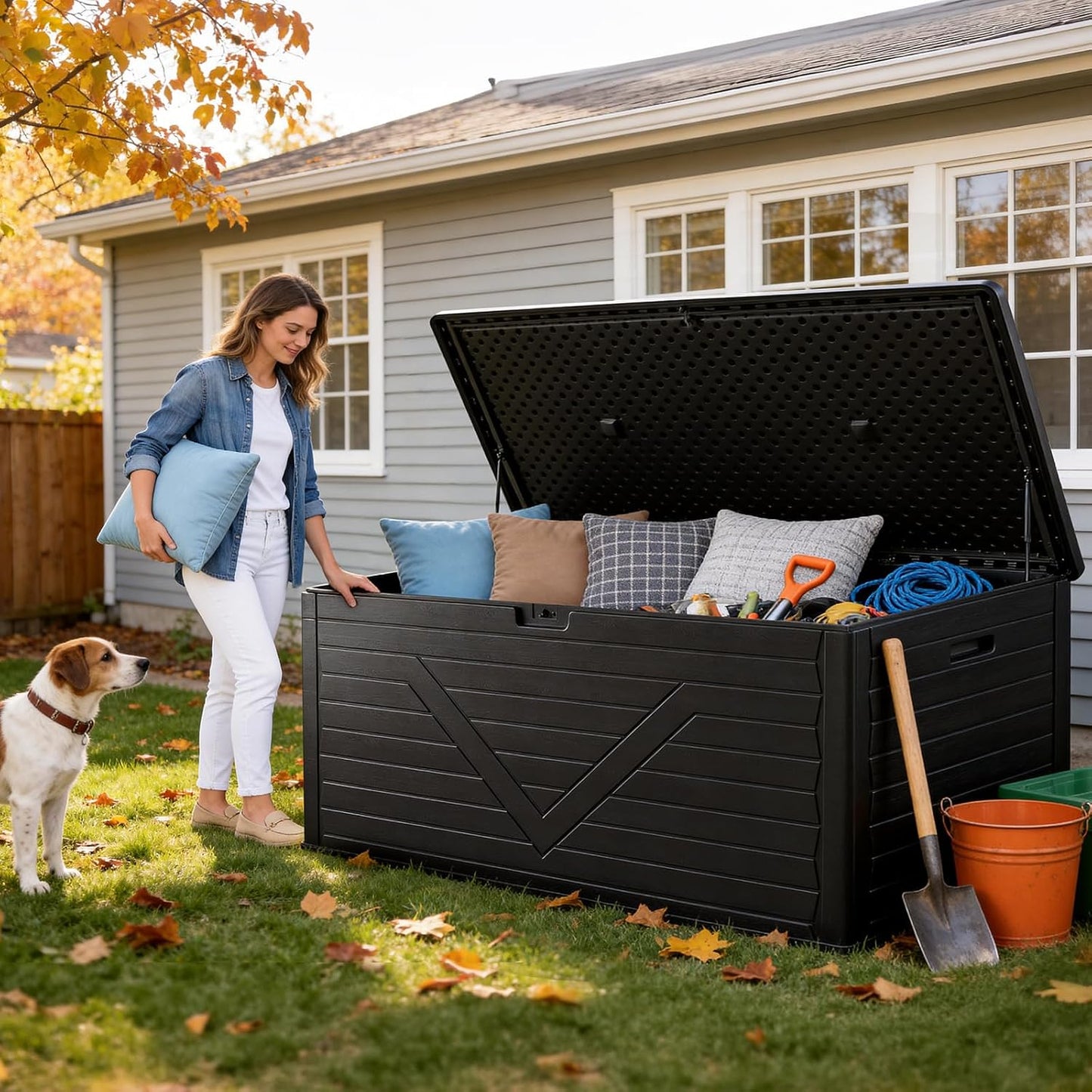 Outdoor Storage Box, 98 Gallon Deck Box, Outdoor Storage Bench, Waterproof Resin Storage Bench with Lockable Lid, Patio Furniture Cushions & Garden Tools Storage, UV Resistant (Black)
