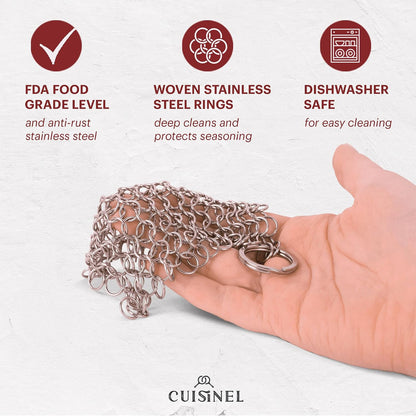 Cuisinel Cast Iron Scrubber Cleaning Brush + Pan/Grill Scraper - Skillet and Grill Cleaner Kit - Soft-Touch Confident-Grip Dish Scrub Tool - Tough on Grease, Gentle on Metal and Non-Stick Cookware