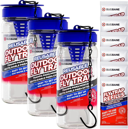Fly Trap Outdoor Fly Traps for Patio with 2 Non-Toxic Dissolvable Bait Refills. Reusable Hanging Bug Catcher Killer for All Filth Flies for Outside Bug Control Yard Ranch. Hanging Chains Included.