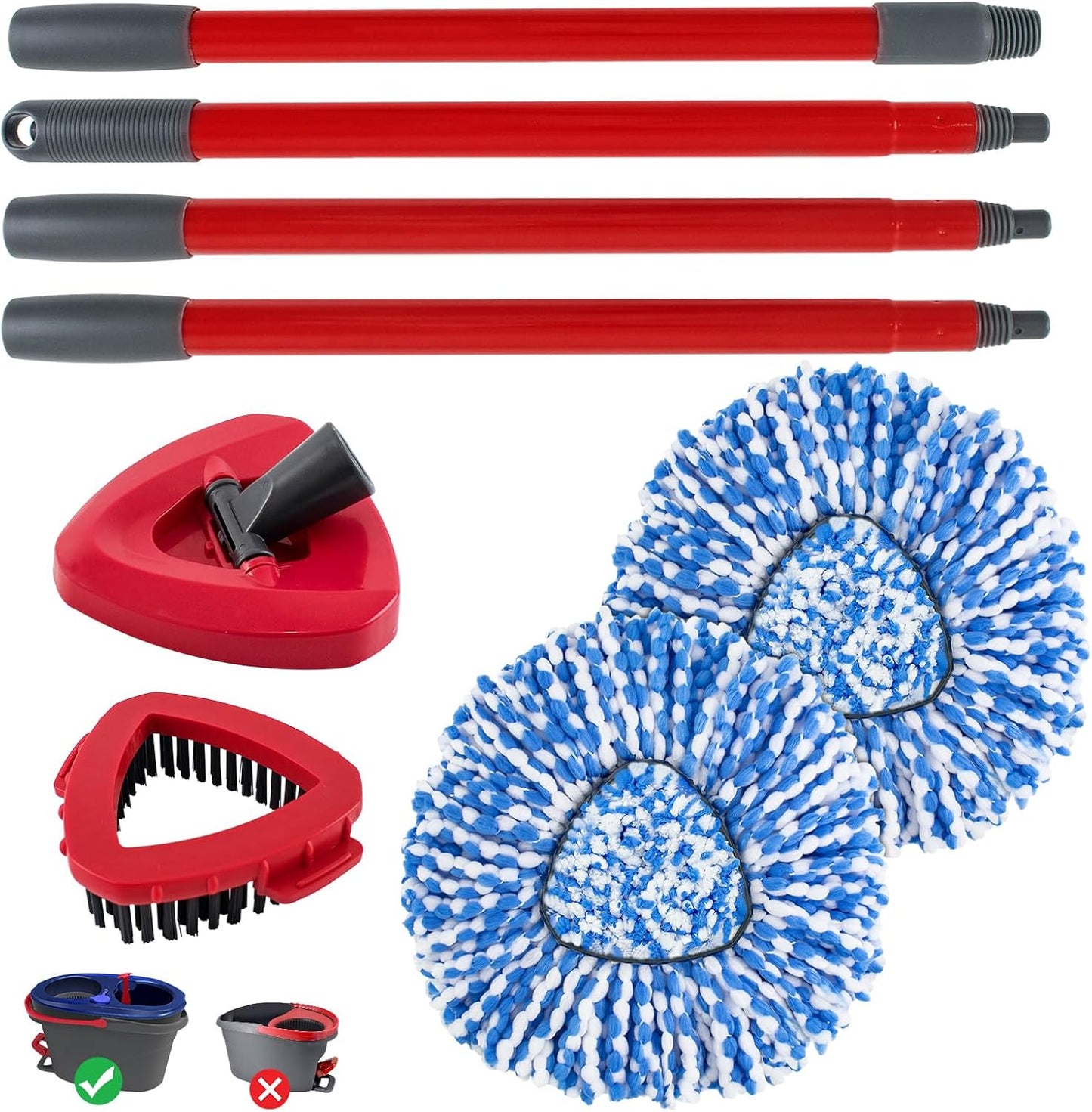 Spin Mop Handle,Mop Replace Heads,Brush and Base Compatible with O Cedar EasyWring 1 Tank,2 Microfiber Mop Refills and Brush,4-Section 30-58" Mop Handle,Mop Base Combo Set for Wet/Dry Floor Cleaning