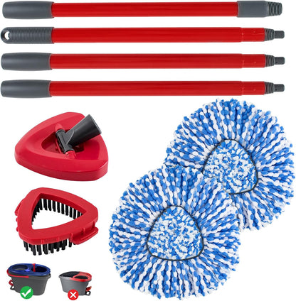 Spin Mop Handle,Mop Replace Heads,Brush and Base Compatible with O Cedar EasyWring 1 Tank,2 Microfiber Mop Refills and Brush,4-Section 30-58" Mop Handle,Mop Base Combo Set for Wet/Dry Floor Cleaning