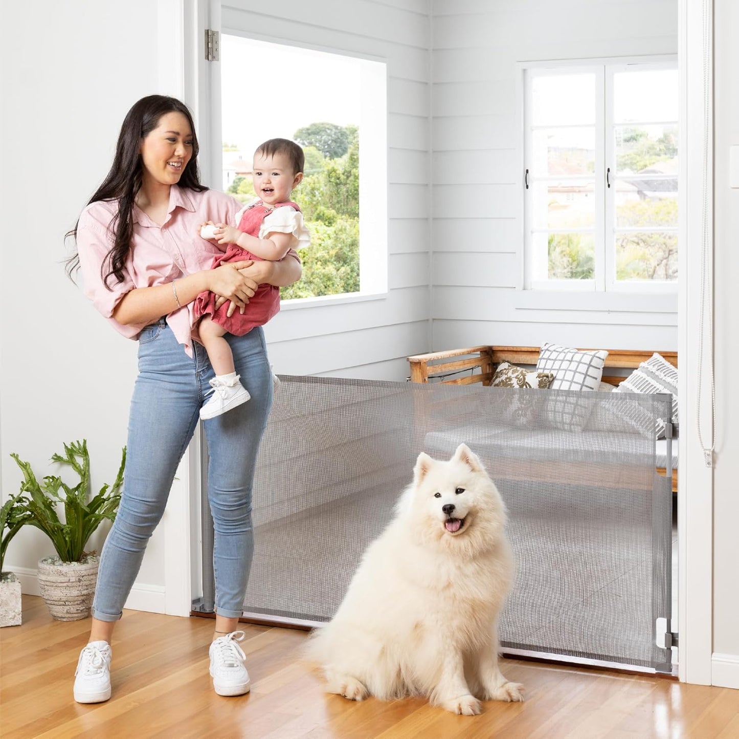 Retractable Baby Gate Perma Child Safety 33" Tall x 55” Wide, Mesh, for Stairs, Doorways, Dogs, Pets, Indoor, Outdoor, One-Handed Operation, Locking, Easy Install, Hardware Mount, White