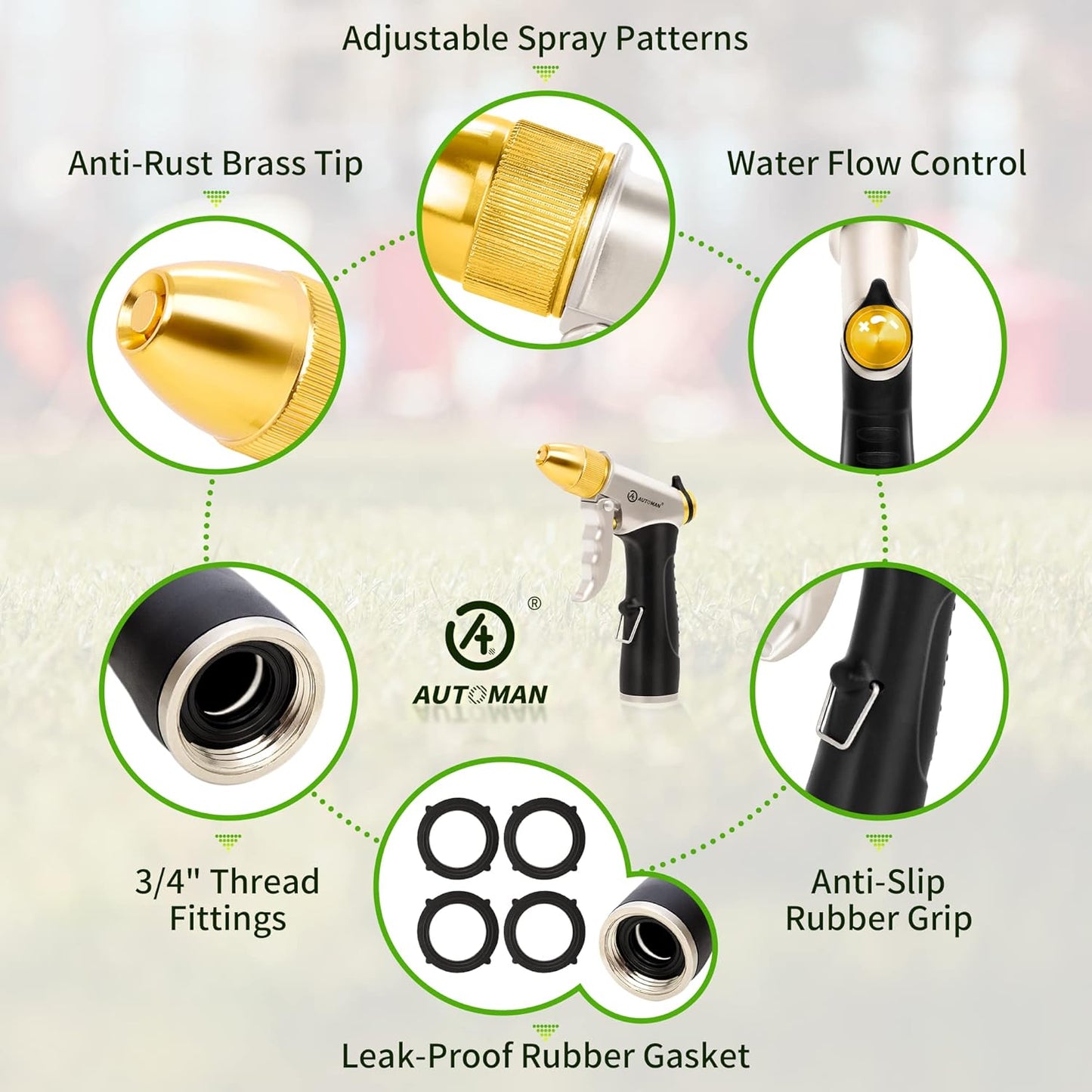 AUTOMAN Garden Hose Nozzle Sprayer - High Pressure 100% Metal Water Spray Nozzle With 4 Patterns - Heavy Duty for Watering Plants, Lawns, Washing Cars & Pets