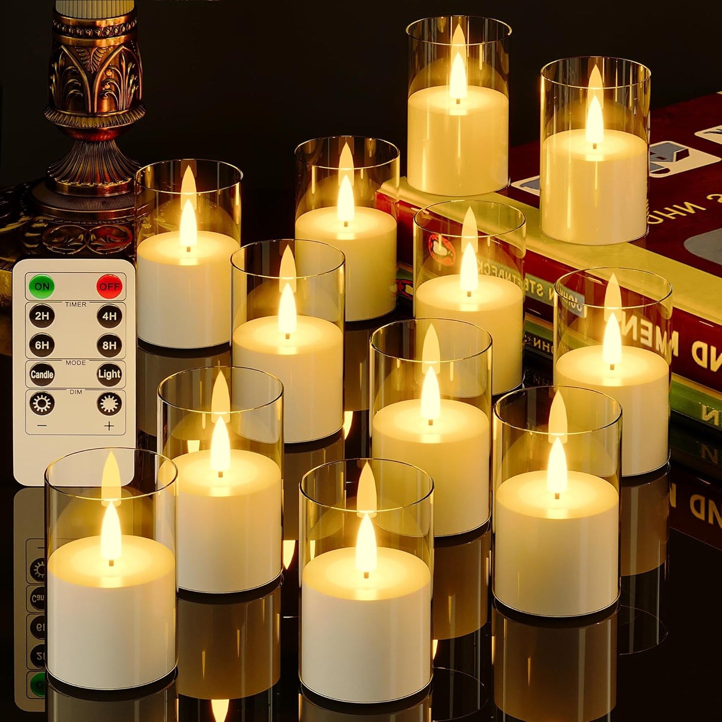 VIODAIM 12Pack Flickering Flameless LED Candles with Remote & Timer, Battery Powered - Small Pillar & Votive, Clear (2"X3")