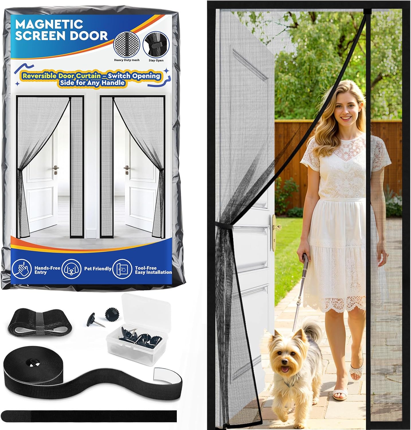TasticTotes Magnetic Screen Door Mesh - Reversible Left & Right Opening with Magnetic Closure, Keep Buzz Out, Enjoy Fresh Air, Hands Free for Families & Pets (34" x 81", Fit Door Size 32" x 80")