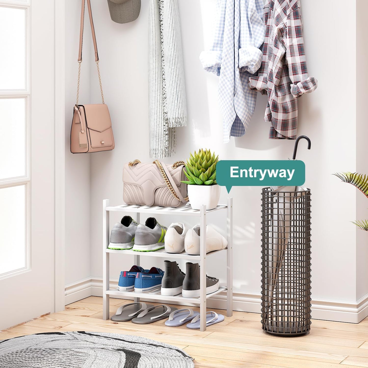 viewcare 3-Tier Black Bamboo Shoe Rack for Entryway, Stackable | Foldable | Natural, Shoe Shelf Storage Organizer for Hallway Closet, Free Standing Shoe Racks for Indoor Outdoor