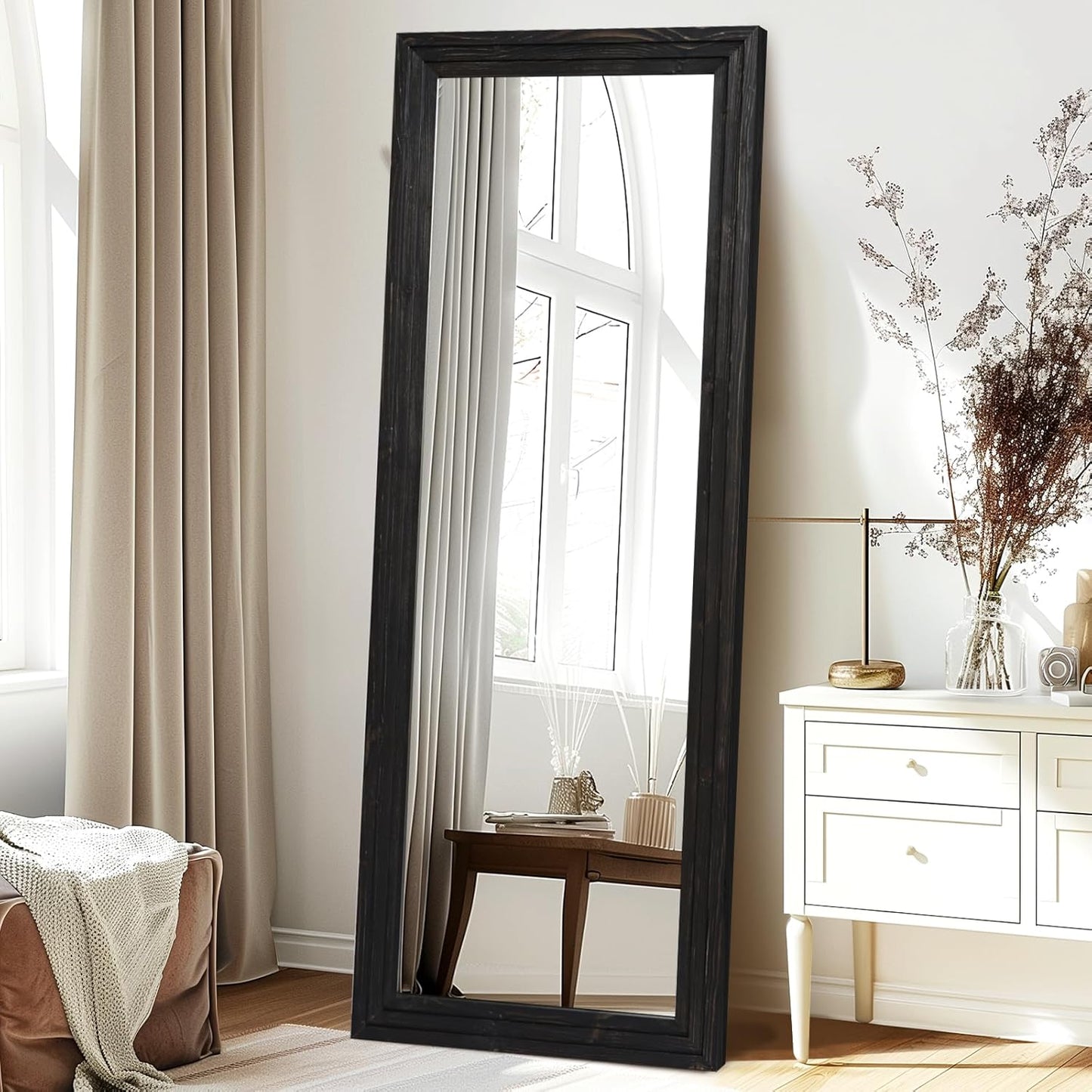 65"x22" Full Length Mirror Solid Wood Frame Floor Mirror with Stand for Living Room, Bedroom Hanging Standing or Leaning, Brown