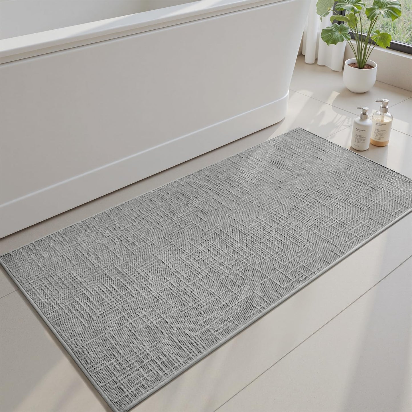 AMOAMI Bath Mat Non Slip Super Absorbent Quick Dry Bath Mats for Bathroom Floor Rubber Backing Washable Bathroom Rugs Modern Woven Jacquard Mat, Beside Tub Bath Rugs, 17" x 24", LightGrey