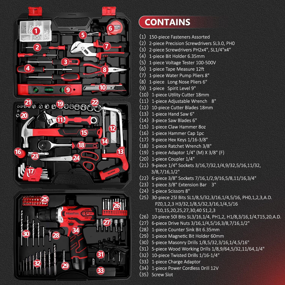 KingTool 276-Piece Tool Set Kit - Tool kit with 12V Cordless Power Drill Driver Toolbox Storage Case with Drawer, Drill Set Perfect for Homeowner, Diyer, Handyman