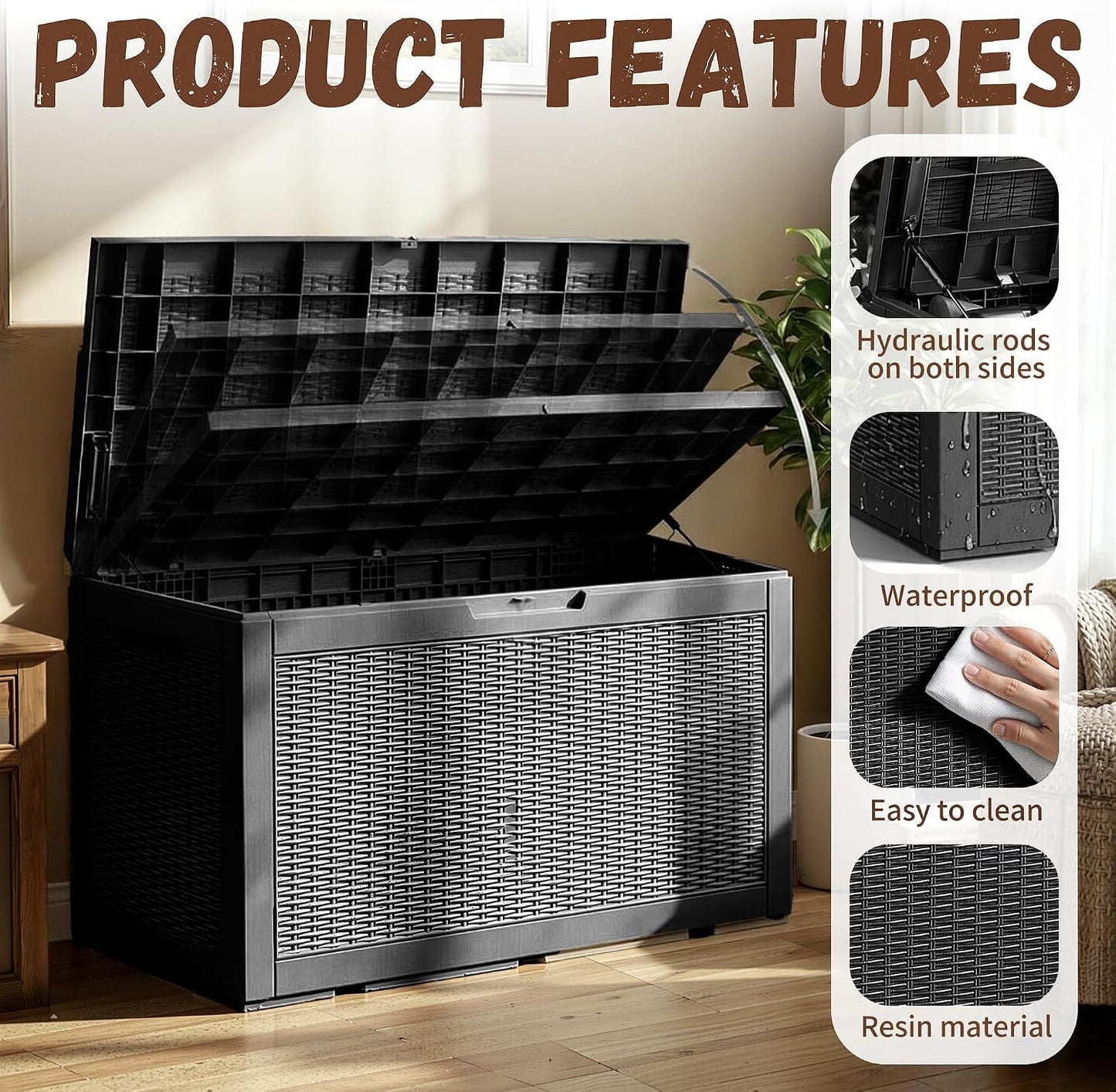 EFU Outdoor Storage Box 100 Gallon Deck Box Resin Outdoor Toy Storage With Lockable Lid, Hydraulic Struts, Rattan Style Package Delivery Boxes for Outside Patio Yard Garden (Black)
