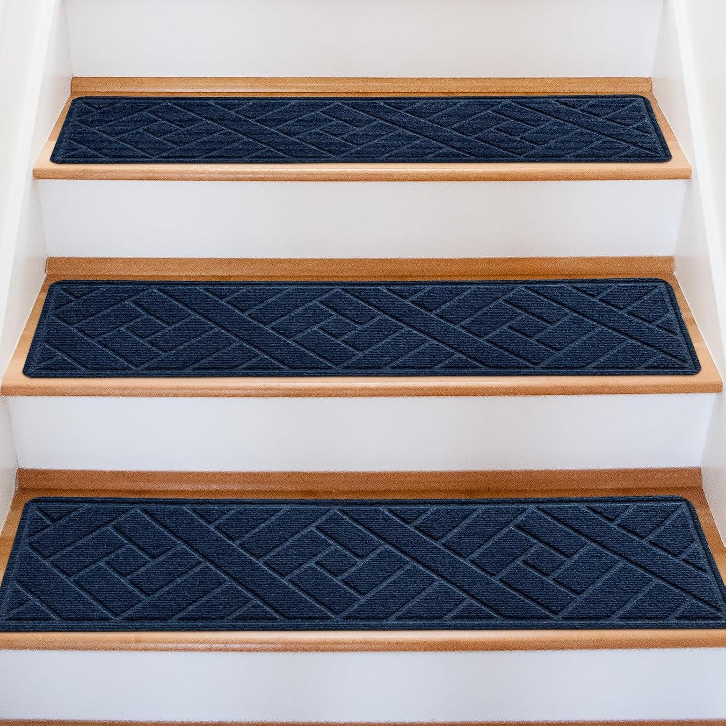 15 Pack 8 "X 30" Non-Slip Carpet Stair Treads for Indoor Wooden Steps, Made of Polyester and Reusable Adhesive, Suitable for Kids Elders and Pets（Black Lines）