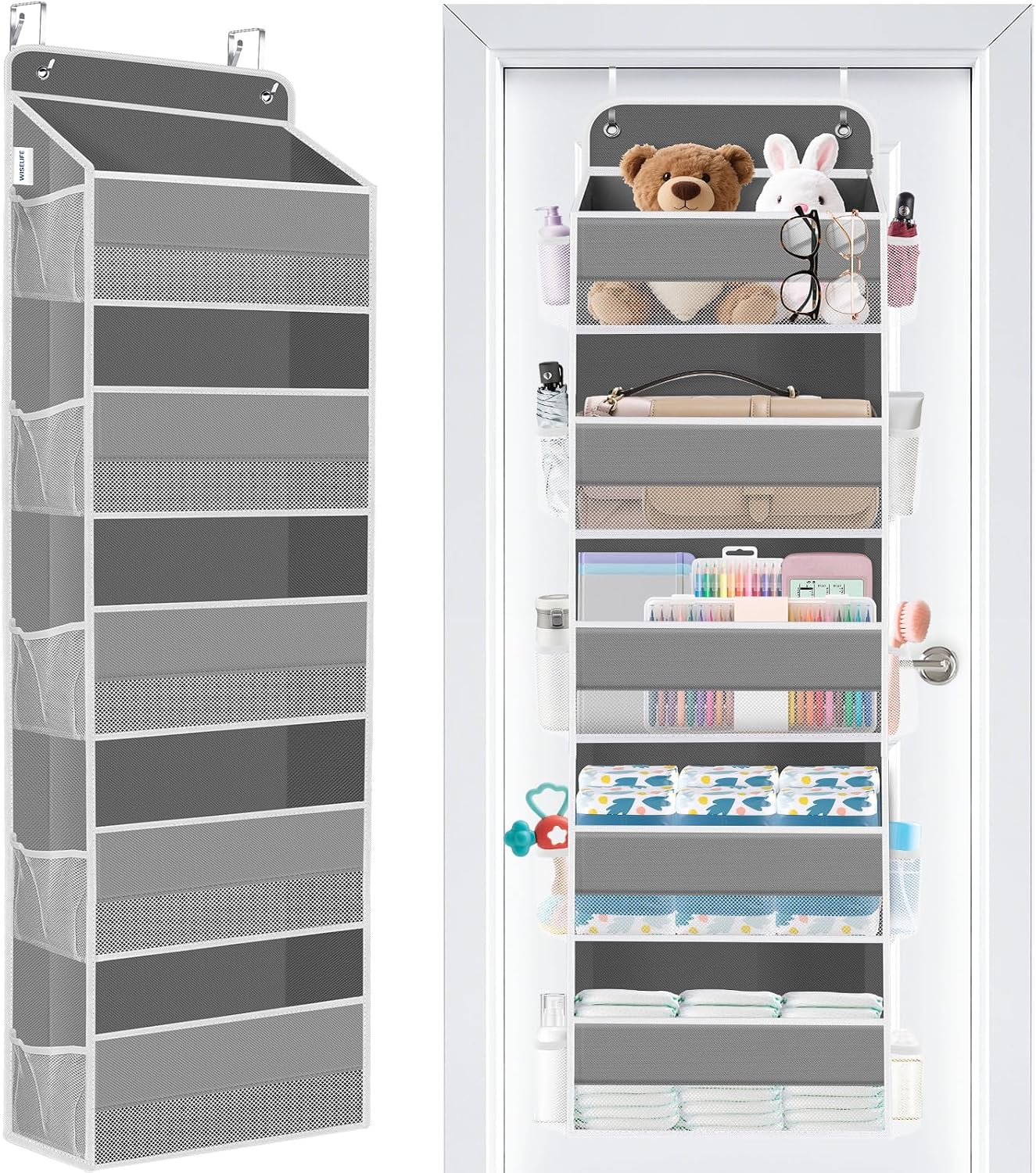 WISELIFE Over The Door Organizer Storage 4 Shelves Large Capacity Hanging Bedroom Storage Solution with 6 Side Pockets for Dorm Bathroom Pantry Nursery and Baby Essentials Holds up to 40 Lbs (Black)