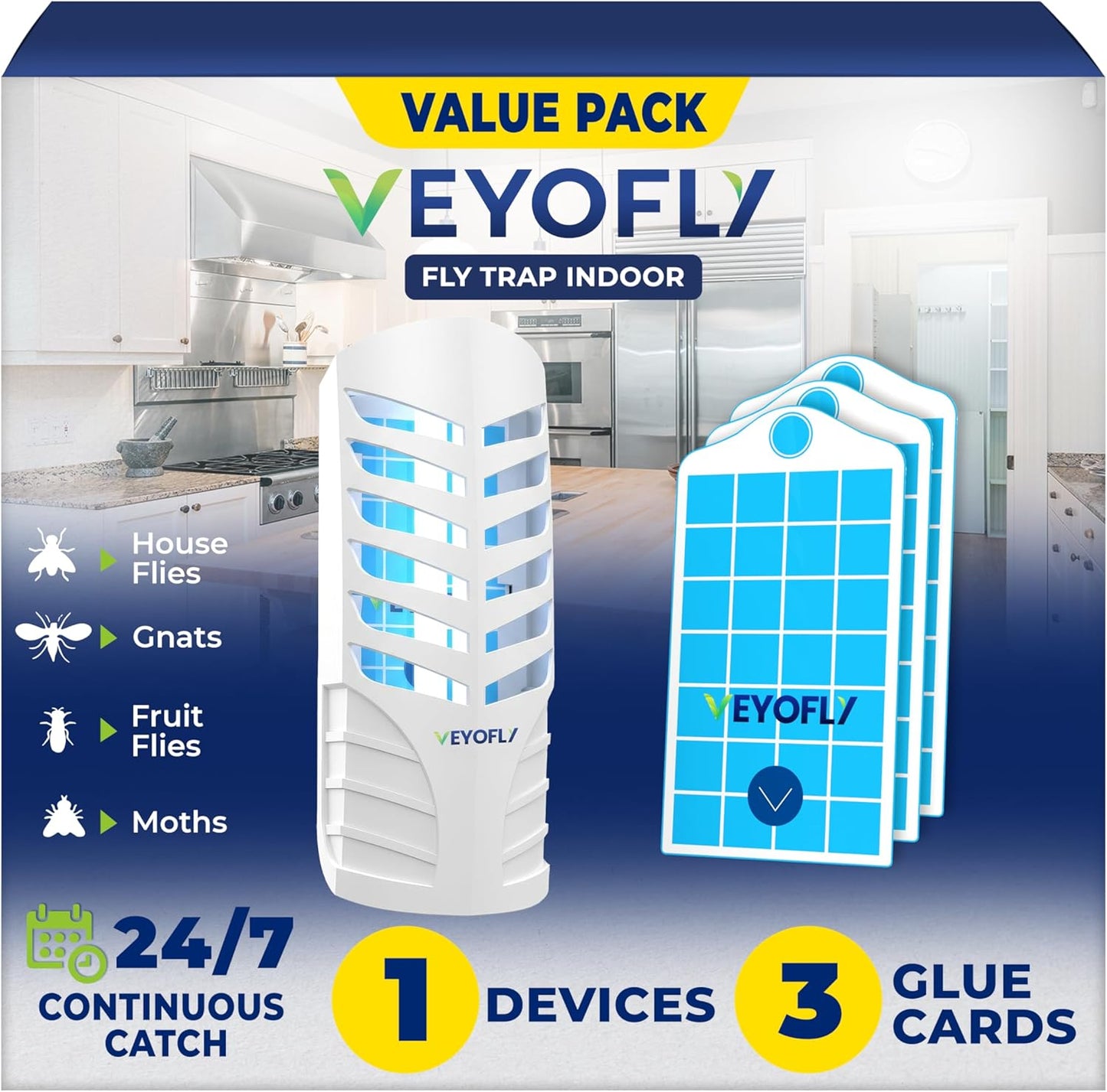 VEYOFLY Fruit Fly Traps for Indoors (2 Device + 6 Refills), Gnat Trap Indoor Plug in, Bug Traps, Flying Insect Trap, Gnat Traps for House Indoor, Fly Trap Indoor for Home Bug Light, Gnats Catcher