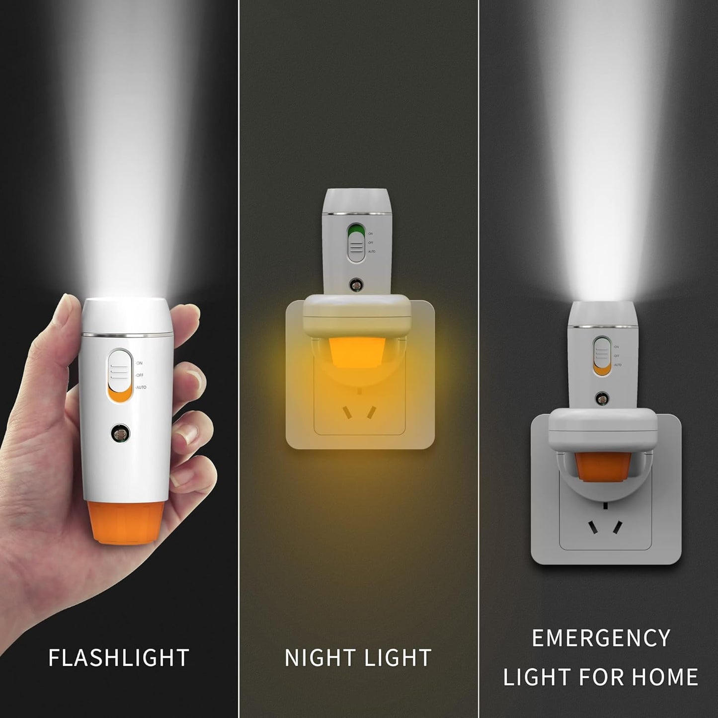 Emergency FlashLight - 3-in-1 LED Power Failure Light, Rechargeable Flashlight, Plug-in Night Light, Multi-Function Flashlights - 2 Pack