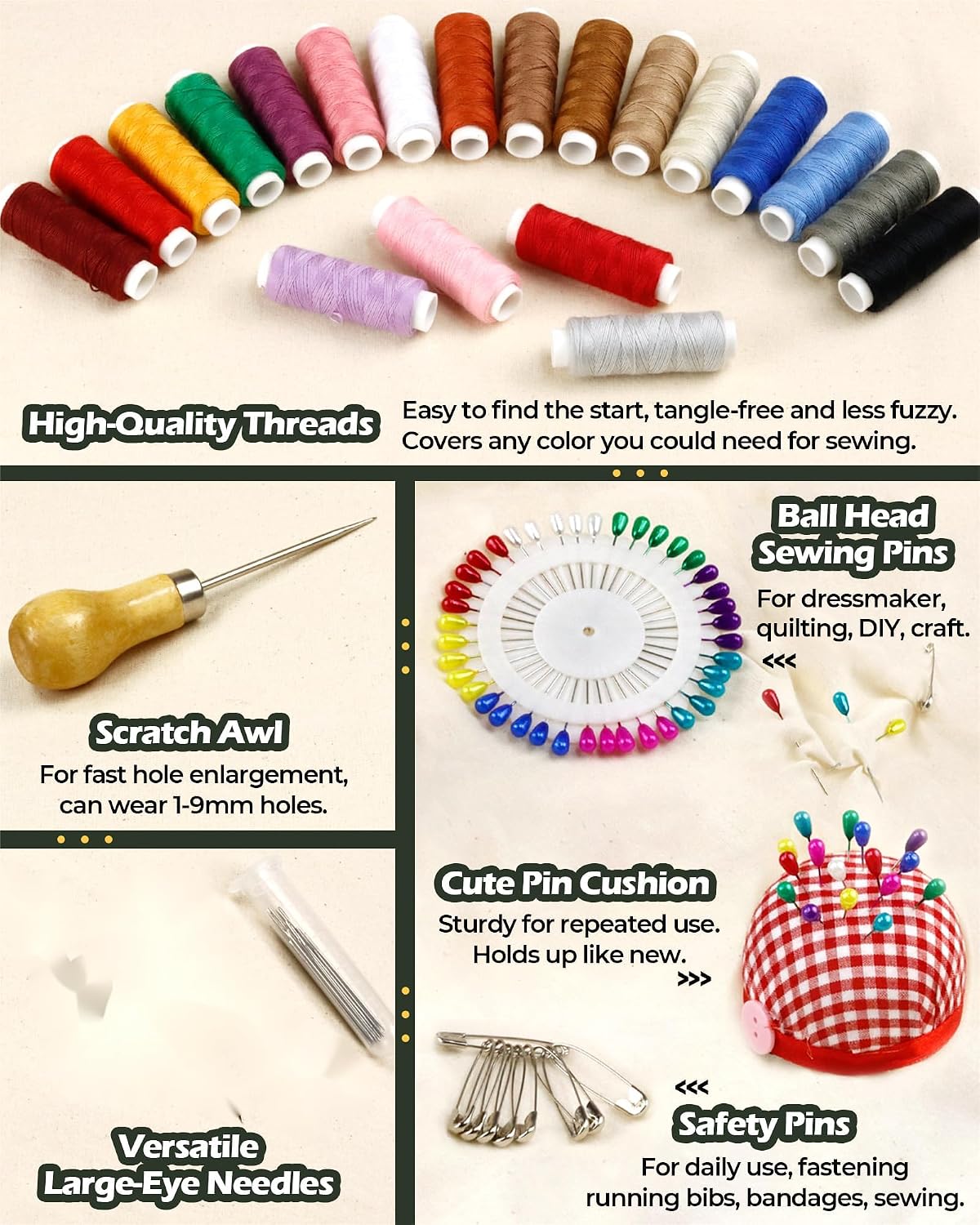PLANTIONAL Upholstery Repair Sewing Kit, Heavy Duty Sewing Kit with Sewing Awl, Seam Ripper, Leather Hand Sewing/Stitching Needles, Sewing Thread for Car/Sofa/Backpack/Shoe, Craft DIY, 10 Color, 47Pc