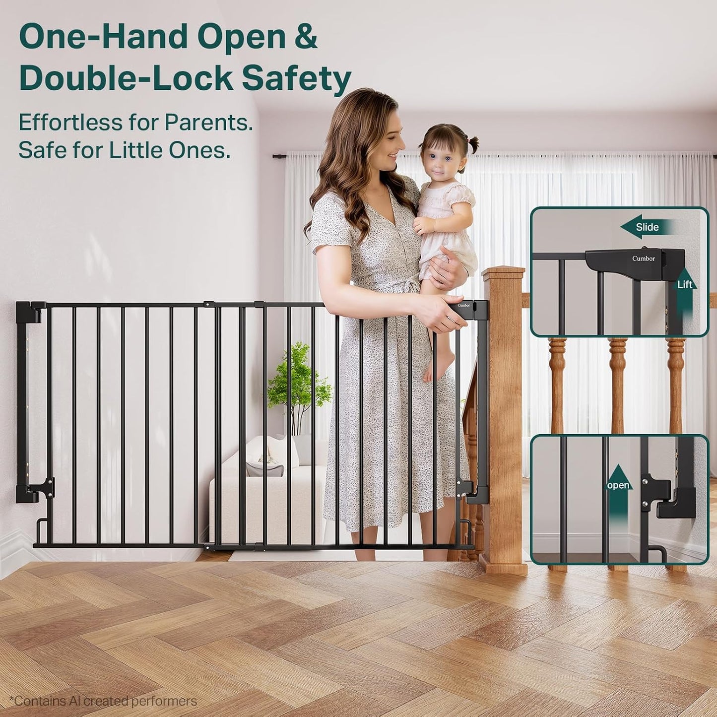 Cumbor 29.2–43" Baby Gate for Stairs, Hardware Mounted (Drill Required), Expandable No Bottom Bar Dog Gate, Auto Close Extra Wide Walk Thru, Pet & Toddler Proof Gate, Top & Bottom of Stairways (White)
