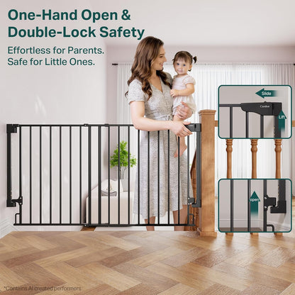 Cumbor 29.2–43" Baby Gate for Stairs, Hardware Mounted (Drill Required), Expandable No Bottom Bar Dog Gate, Auto Close Extra Wide Walk Thru, Pet & Toddler Proof Gate, Top & Bottom of Stairways (White)