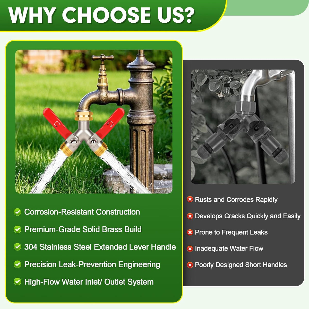 Hose Splitter 2 Way, High Flow Garden Hose Splitter, 3/4” Ght Inlet Brass Heavy Duty Hose Converter, Full Flow water 2 Way Faucet hose splitter, Long Handle Hose Valve Large Outlet.