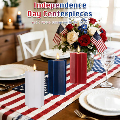 4th of July Flameless Pillar Candles with Remote, Patriotic Red White and Blue Battery Operated Star Shaped LED Pillar Candle Set of 3, Independence Day Decorations for Home Party Table Fireplace