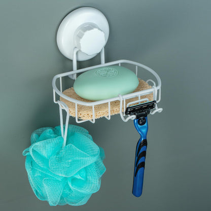 HASKO Suction Cup Soap Dish for Shower Wall, Rustproof Stainless Steel Shower Soap Holder for Bathroom with Hooks and Soap Saver, Includes Optional No Drill Adhesive Mount, Silver