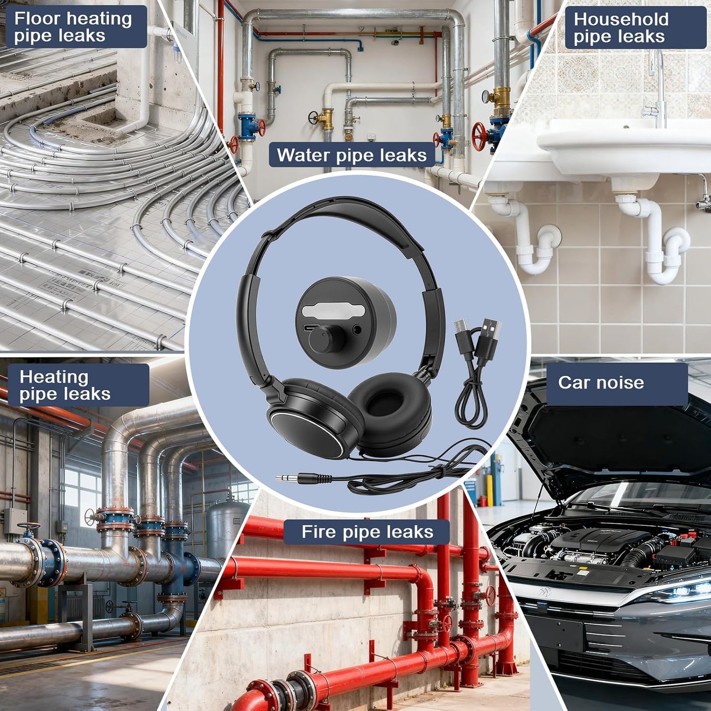 Water Leak Detector, Underground High Sensitivity Water Leak Detector with Headset, Water Leak Detection Device for Water Leakage Detection Construction Pipelines (with Large Earphone)