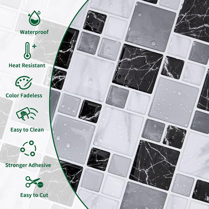 10 Sheet Peel and Stick Backsplash Tile for Kitchen, 12” x 12” Self Adhesive Glossy Vinyl Wall Subway Tiles Waterproof No Residual for Bathroom Fireplace, White with Gray Grout