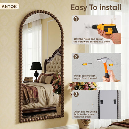 Antok 58" x 21" Arched Full Length Mirror, Antique Beaded Frame Floor Standing or Wall Mounted Mirror with Stand for Bedroom, Entryway, Brown, Luxury Style