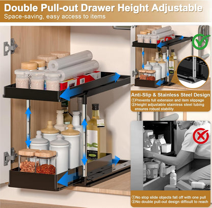 NIUXX Expandable Under Sink Organizer: 2 Tier Height Adjustable Under Cabinet Organizer - Double Pull Out Shelf Under Sink Storage for Kitchen - Bathroom and Laundry Room - Space Saving