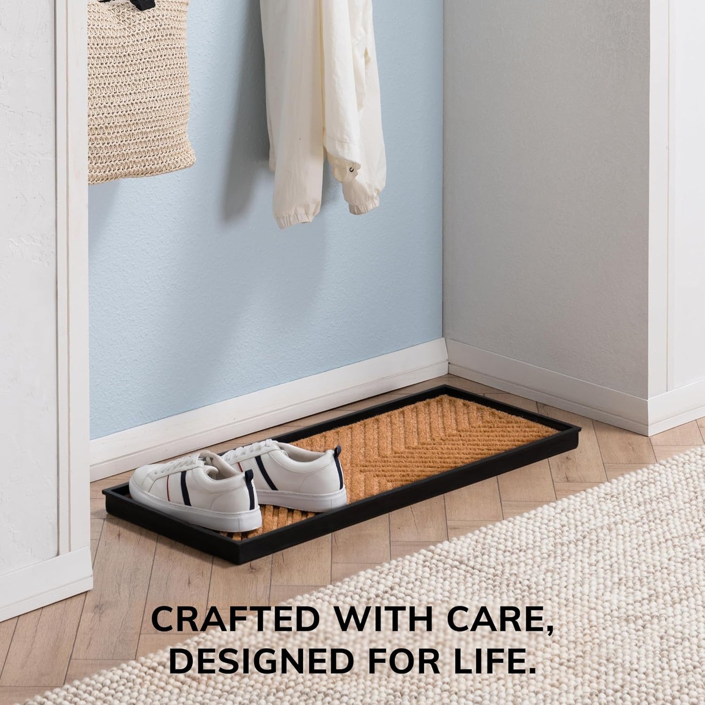 Anji Mountain Heavy Duty Waterproof Rubber Shoe Storage Mat Organizer/Boot Storage Tray Multi Use for Entryway with Coir, Tan Insert, Fits 4 Pair (46.5" Wide)
