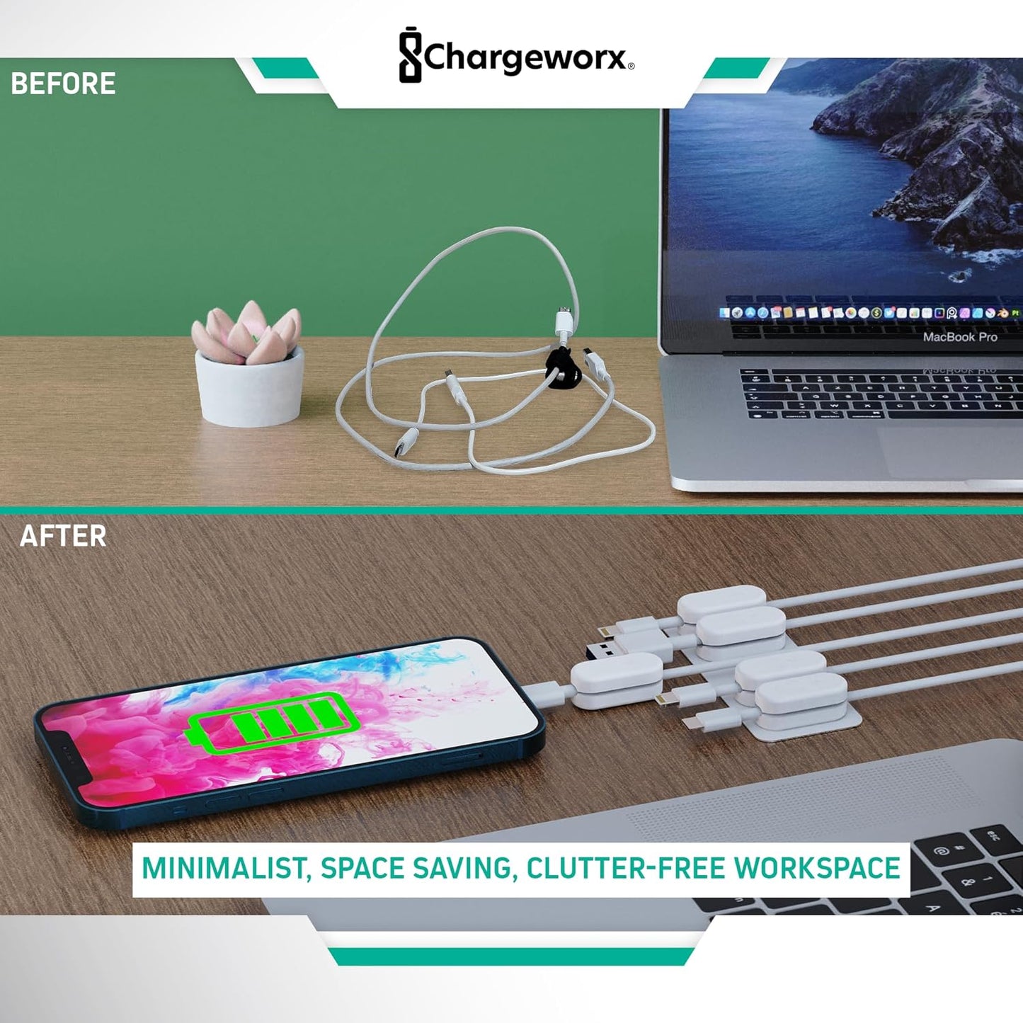 Chargeworx Magnetic Cable Clips - Cord Holder Organizer, No Drill Self-Adhesive Base, Cable Organizer, Repositionable Magnetic Clips, 5-Pack, USB-C Lightning Micro-USB, Desk Nightstand Wall Car, Black