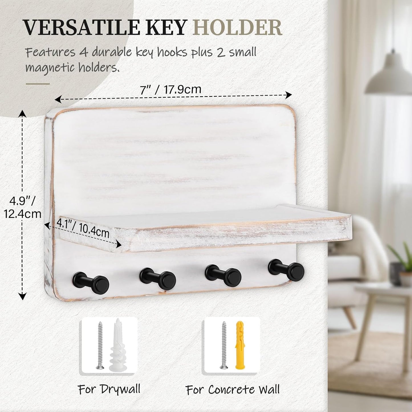 Nekon Key Holder for Wall with Shelf, Pine Wooden Key Hanger Wall Mounted, Farmhouse Wall Organizer for Home Entryway & Apartment (Standard, Wood)