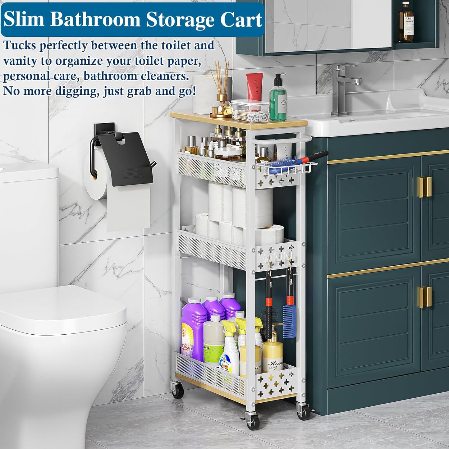 OKZEST Slim Laundry Room Organization Cart with Detergent Dispenser Holder | 4-Tier narrow rolling cart for small space, Holds tall bottles, Upgraded metal hub casters, Premium wood & metal mesh shelves