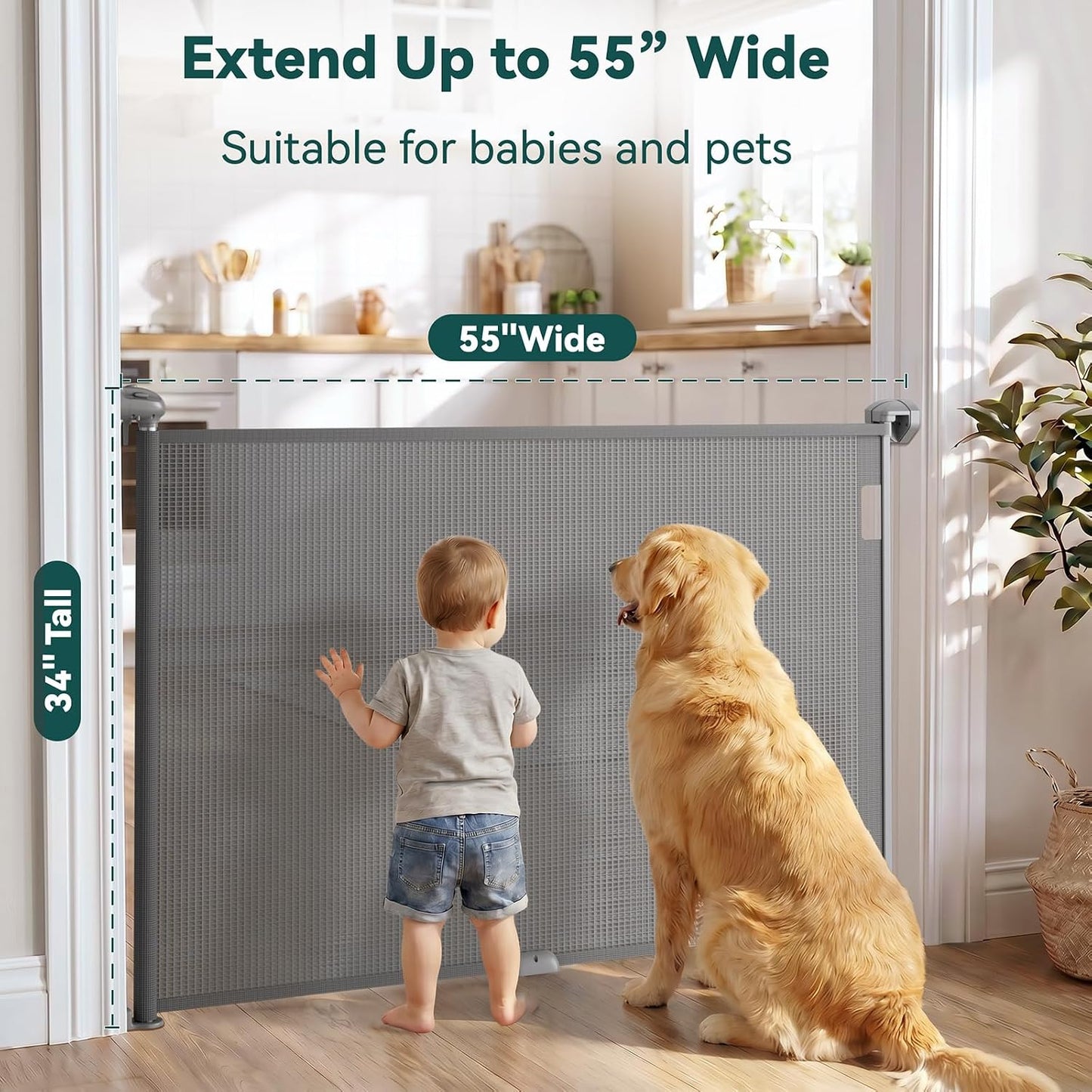 Babepai Retractable Baby Gates for Stairs, Retractable Dog Gate for Indoor/Outdoor Use | Child Gates for Doorways, Deck, Porch, Hallways, Patio (White, 55" Wide 34" Height)