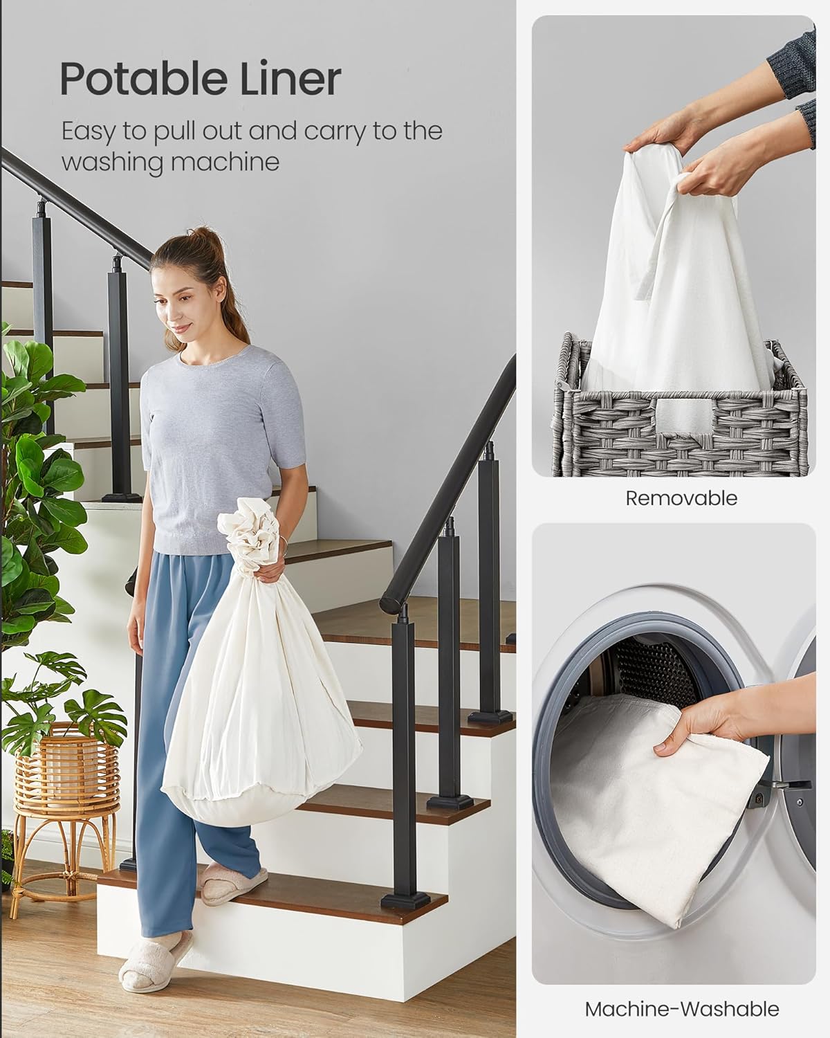 SONGMICS Laundry Hamper with Lid, 37 Gallons (140 L), Rolling Laundry Basket with Wheels, 3-Section Synthetic Rattan, Removable Liner, Bedroom, 26 x 13 x 26 Inches, Gray ULCB363G01