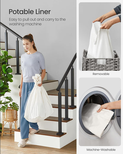 SONGMICS Laundry Hamper with Lid, 37 Gallons (140 L), Rolling Laundry Basket with Wheels, 3-Section Synthetic Rattan, Removable Liner, Bedroom, 26 x 13 x 26 Inches, Gray ULCB363G01