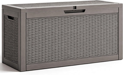 Fancyango 75 Gallon Outdoor Deck Box Waterproof, Large Storage Box for Patio, Resin Storage Bench Lockable for Garden Tools, Package Delivery, Black