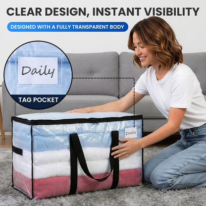 TAILI Extra Large Moving Bags, 4 Pack Blue Heavy Duty Totes For Storage with Visible Window, Wrap Around Handles, Storage Bags for Space Saving, Alternative to Moving Boxes