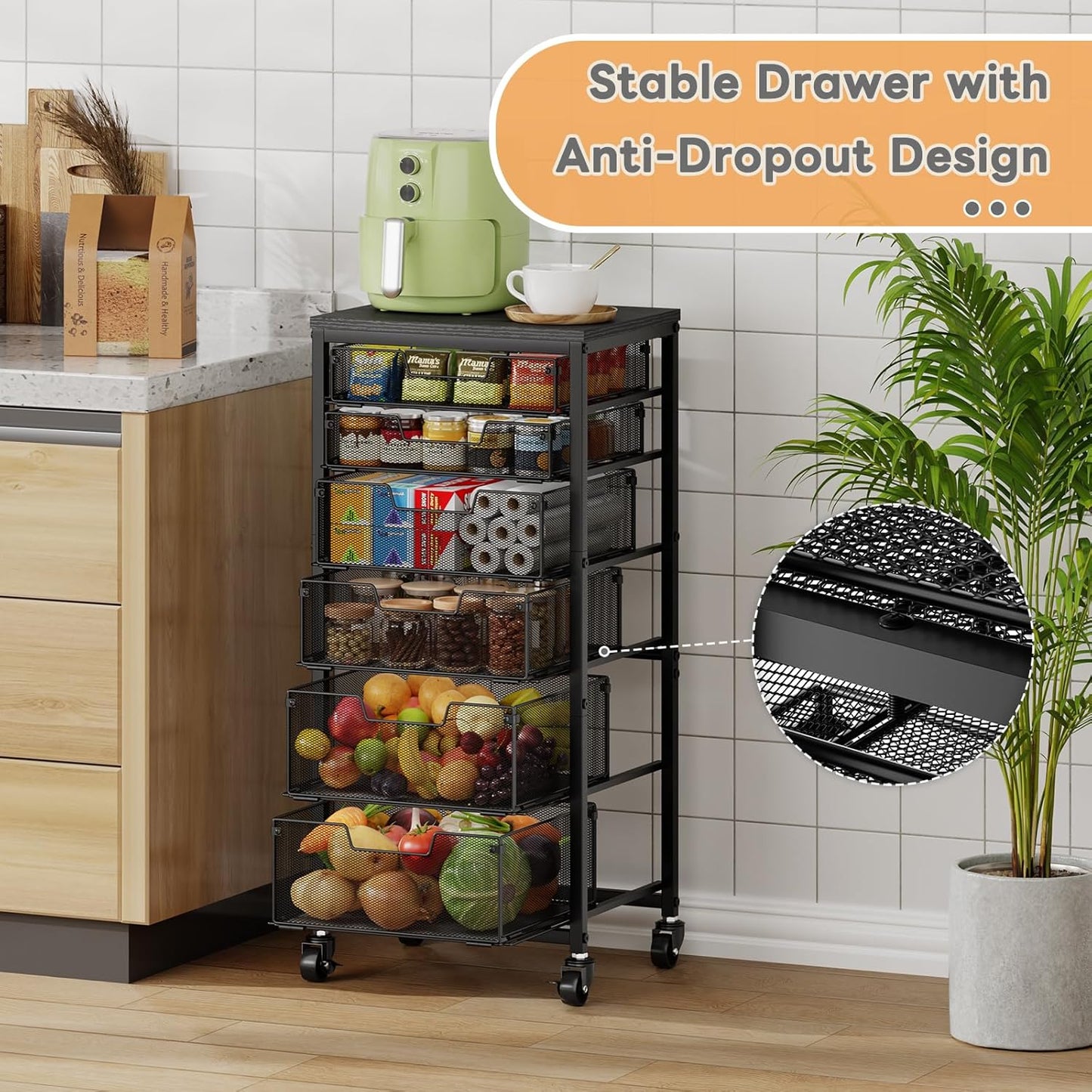 4 Tier Kitchen Rolling Cart, Kitchen Storage Cart with Wheels, Adjust Pantry Organizer and Storage Cart with Drawer, Fruit Vegetable Spice Storage Cart, Wooden Top Metal Kitchen Organizer Rack Stand