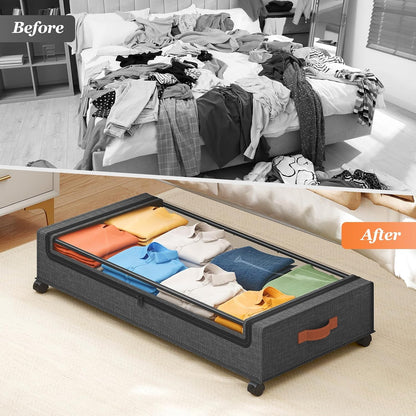Yecaye Under Bed Storage with Wheels, 2 Pack Under Bed Storage Containers, 60L Underbed Shoe Storage with Clear Window & Label, Rolling Under Bed Metal Drawer for Clothes, Shoes, Books, Blankets