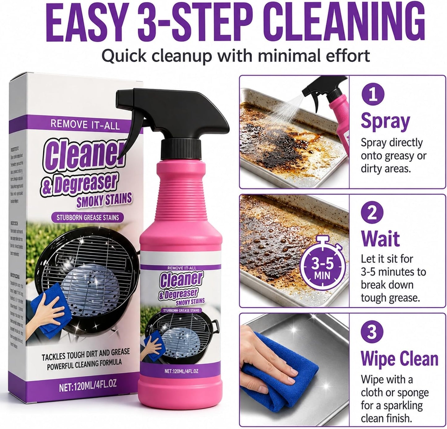 Fast-Acting Grill Cleaner Spray, Heavy Duty BBQ Degreaser for Burnt Food & Stubborn Grease, Powerful No-Scrub Oven & Kitchen Cleaner for Grills, Stovetops & Pans (1)