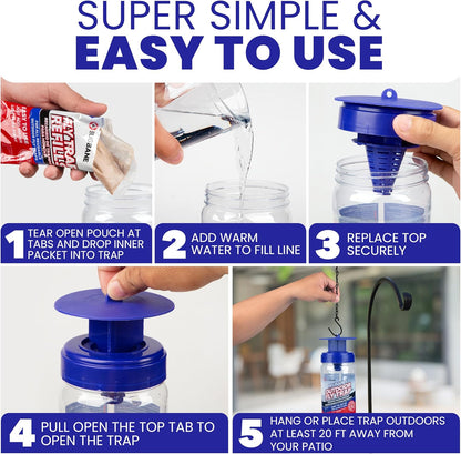 2 Fly Traps Outdoor Fly Trap for Patio with 4 Non-Toxic Dissolvable Bait Refills and 12 Sticky Ribbons. Reusable Hanging Bug Catcher Killer for All Filth Flies for Outside Bug Control Yard Ranch