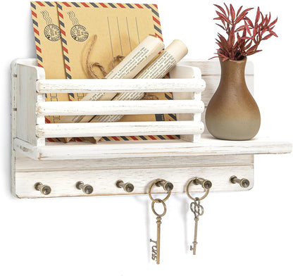 Rebee Vision Pine Wood Key Holder Wall Mount for Room Decor– 6 Hooks for Umbrella & Hats - Wooden Key Holder for Wall with Mail Slot Can Store Letters and Postcard (Green)