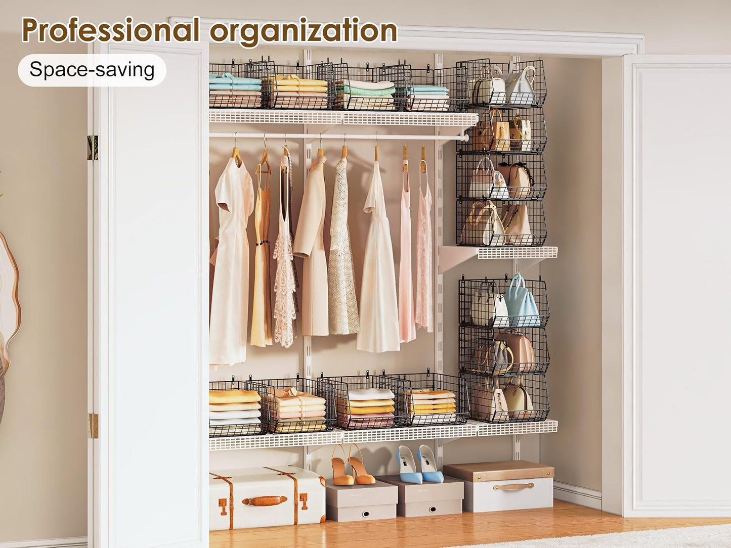 8-Tier Extended Depth Hanging Closet Organizers and Storage for Closet System, Stackable Closet Shelves with 4 Adjustable Dividers for Clothes Sweaters Purses, Wire Hanging Basket Fits Closet Laundry