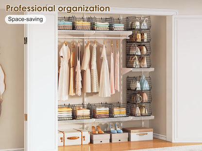 8-Tier Extended Depth Hanging Closet Organizers and Storage for Closet System, Stackable Closet Shelves with 4 Adjustable Dividers for Clothes Sweaters Purses, Wire Hanging Basket Fits Closet Laundry