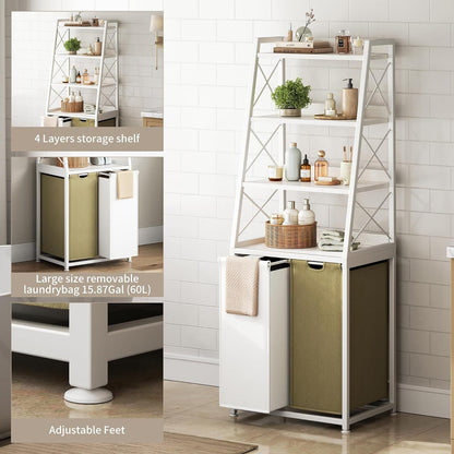 Herture Laundry Basket, 3 Section Laundry Hamper with 4 Tiers Shelf, Pull-Out and Removable Laundry Bags, Large 3 x 15.87 Gallons, for Laundry Room Bathroom Rustic Brown PF05XLN