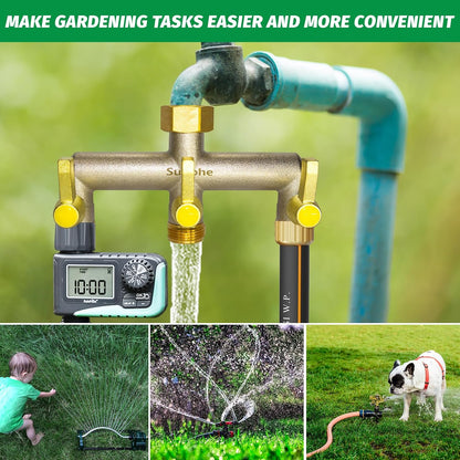Garden Hose Splitter, Water Hose Splitter 2 Way Heavy Duty Brass Nickel Plated, Extended Metal Handle 3/4-Inch Hose Manifold, Rust and Freeze Resistant High Flow Outdoor Faucet Splitter