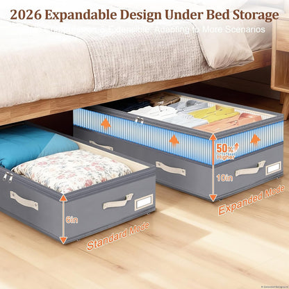 Dolicer 2 Pack Under Bed Storage with Wheels, 6in-10in Height Adjustable Underbed Storage Containers, 92L XXXL Under Bed Drawers Rolling Bin with Clear Lids for Dorm Shoes Clothes Organizers(Grey)